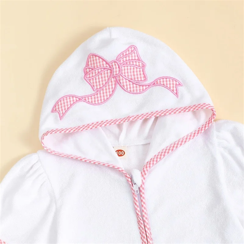 Children s Beach Coverups with Cute Animal Embroidery Short Sleeve Hooded Robe with Zip-Up Towel for Swimwear