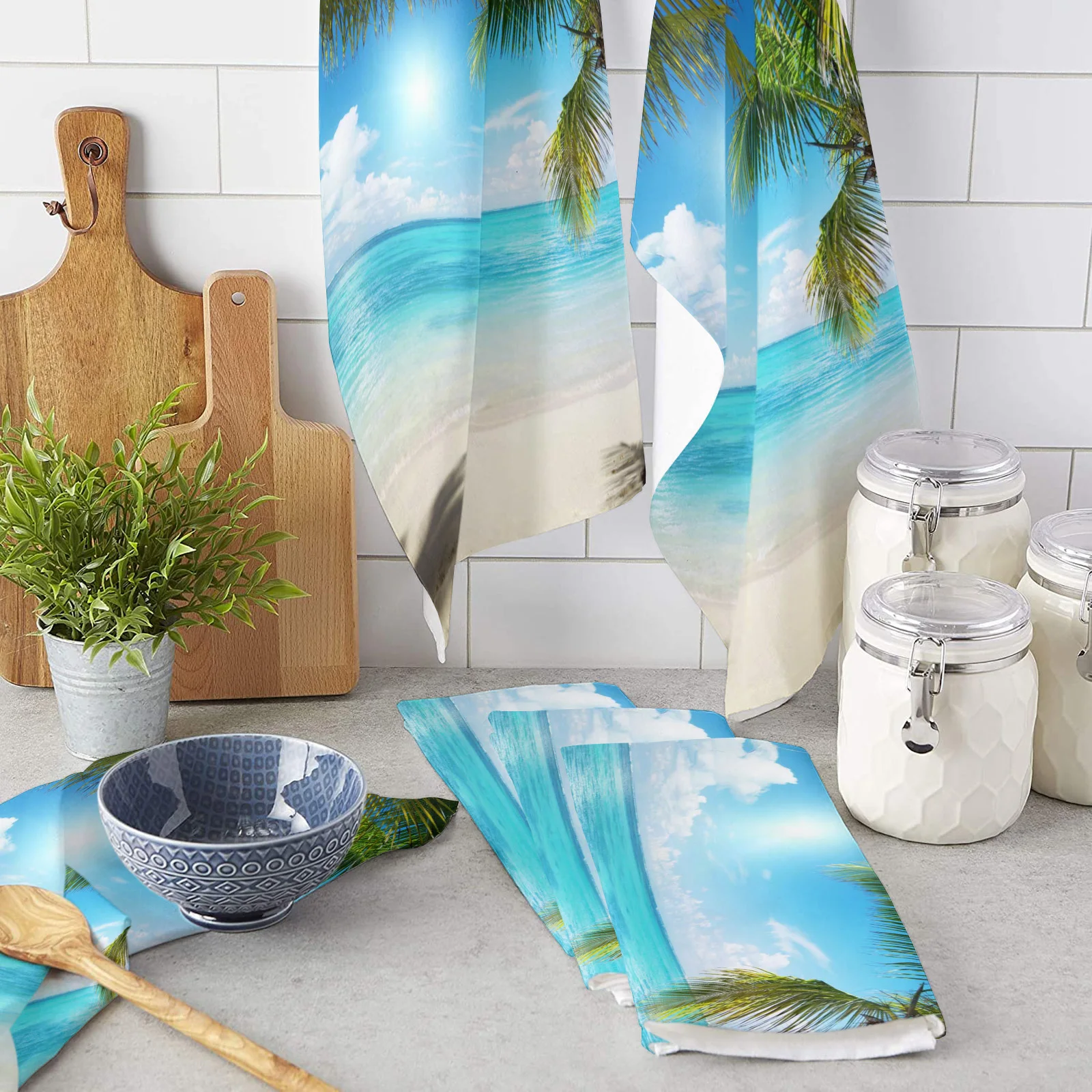 Beach Sky Clouds Coconut Trees Sea Landscape Printed Tea Hand Towel Kitchen Dishcloth Water Absorption Household Cleaning Cloth