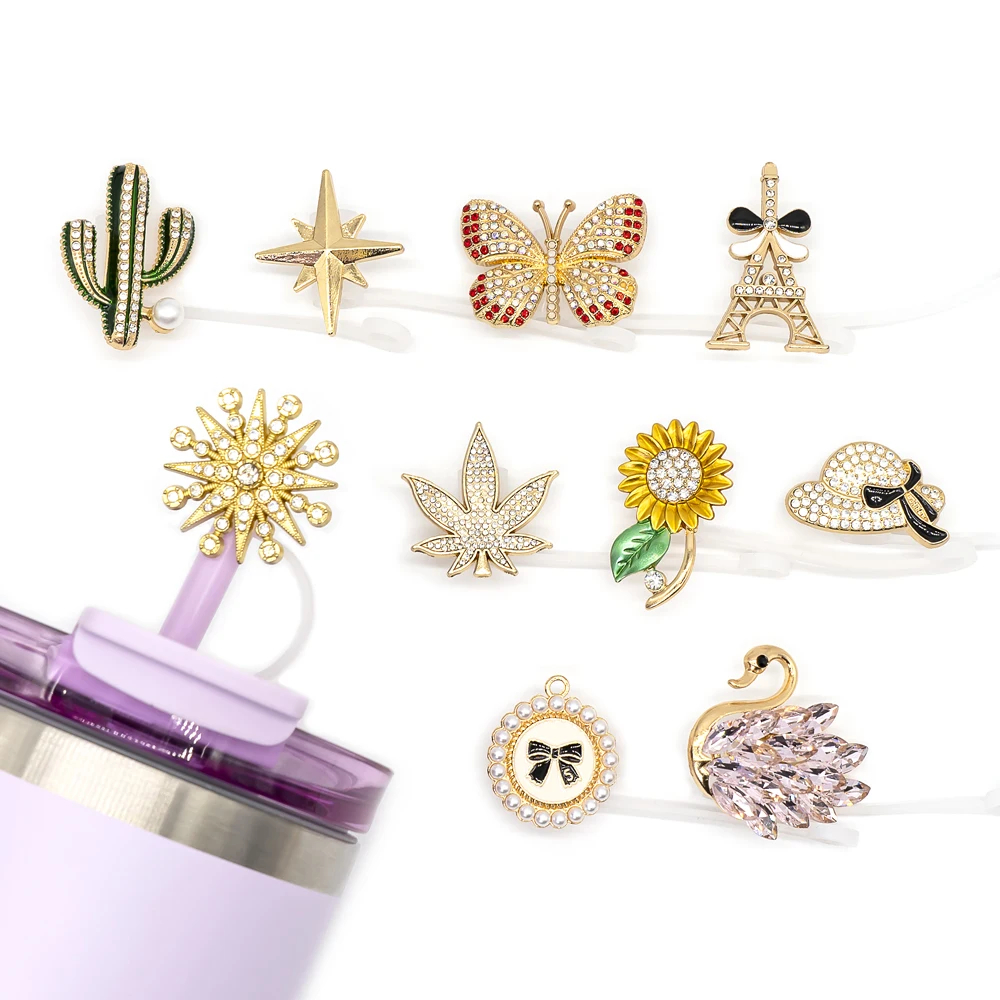 8MM Silicone Straw Cover Cap Metal Decoration,Crystal Heart Butterfly Straw Topper for Cups Accessories,Dustproof Straw Cap