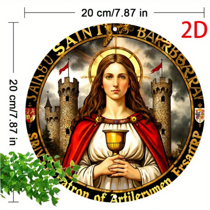 2D Flat, [2D Flat] 1pc 2D Flat Print Metal Iron Sign Vintage-Inspired 20.32x20.32cm Round Wall Art | Saint Barbara Patron of Bar