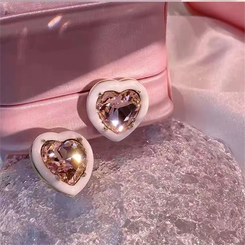 Beautiful Pink Crystal Love Heart Stud Earrings For Women Korean Style Etrendy New Jewelry Wholesale