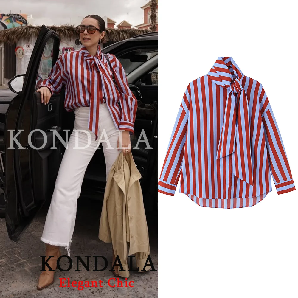 KONDALA Damen Chic Urlaubs-Striped-Hemden mit Schleife 2026 Neu Frühling Sommer Musikfestival Trendige Hemden Damen Lässige Lockere Hemden