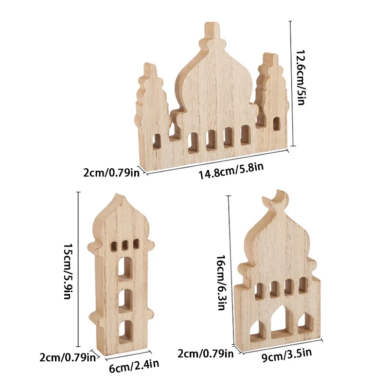 1PC Eid Mubarak Wooden Ornament Mosque House Shape Wooden Craft Ramadan Decor For Islam Muslim Event Party Home Decorations