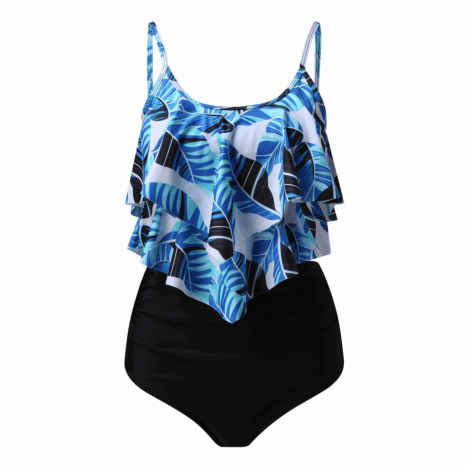 2026 New Women 2‑Piece Swimsuit Tropical Leaf Print Ruffled Spaghetti Strap High Waist Tummy Control Bathing Suit Beach Swimwear