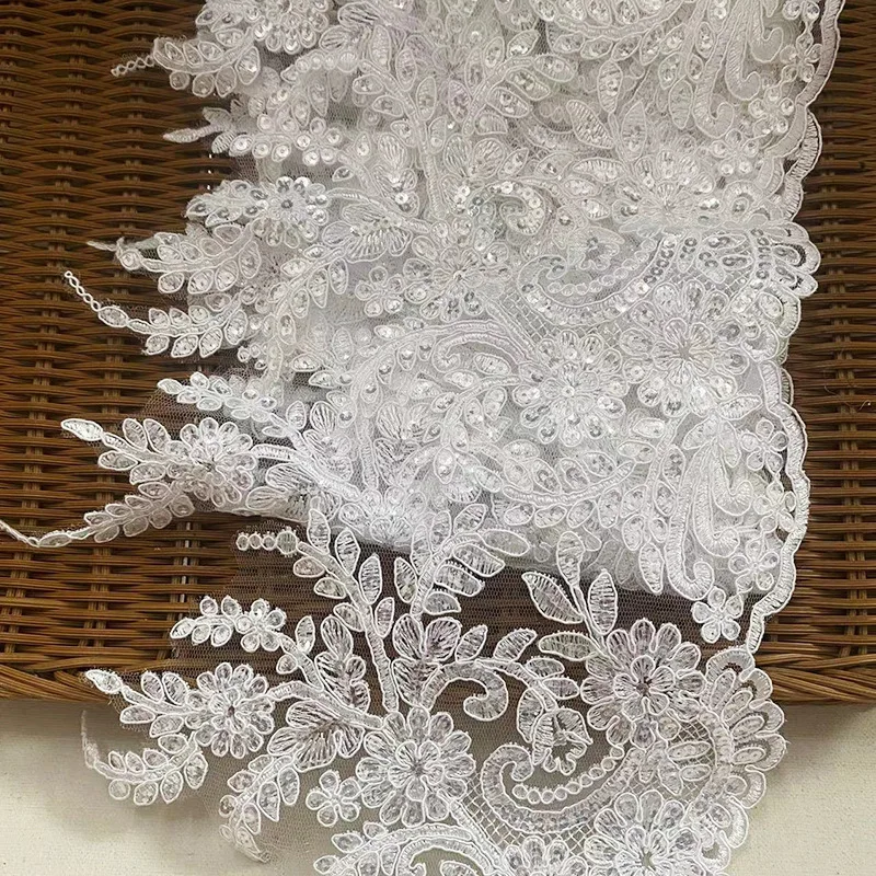 1 Yard 23cm wide white Cording Lace Embroidery Lace Dress Home Textile Sequin Triming Dance Clothes DIY Materail