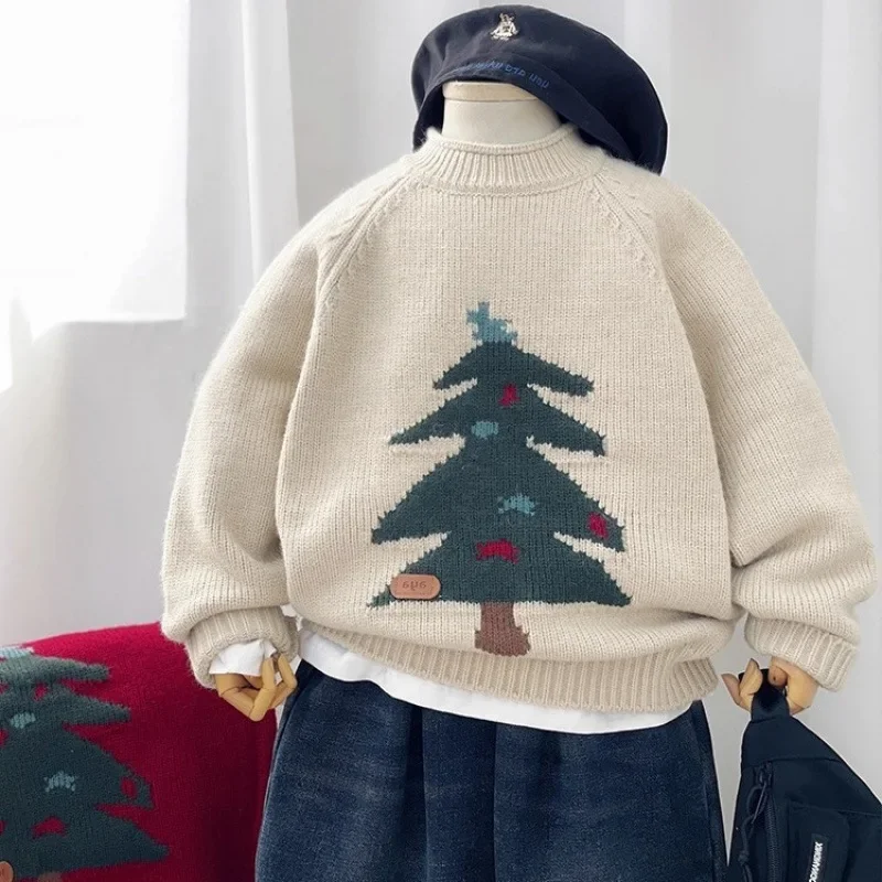 Ropa para niños, suéter de Navidad rojo Kawaii para bebés y niñas, suéter de punto con bordado bonito de árbol de Navidad, jersey de alta calidad