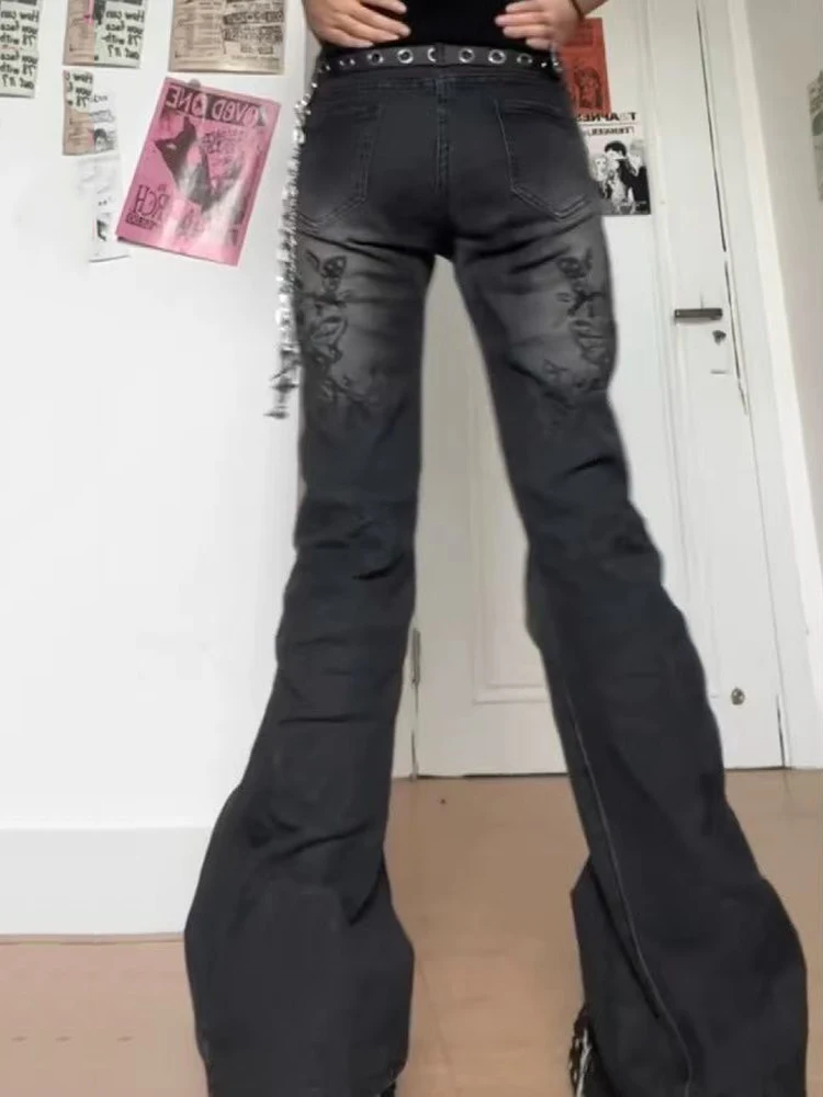 여성 빈티지 프린트 플레어 데님 팬츠 하라주쿠 스트릿 슬림 로우 웨이스트 고딕 아메리칸 Y2K 워싱 진 트라우저