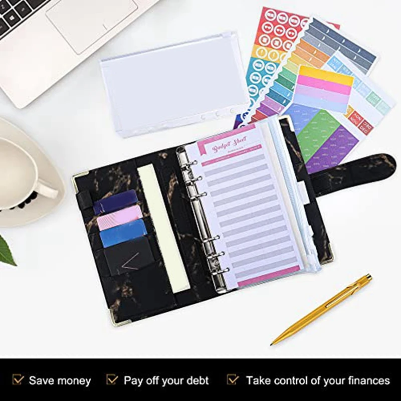 เครื่องผูกงบประมาณ49ชิ้นแฟ้ม PU ลายหินอ่อนสมุดวางแผนงบประมาณพร้อมซองจดหมายแผ่นค่าใช้จ่ายงบประมาณสำหรับการจัดทำงบประมาณ