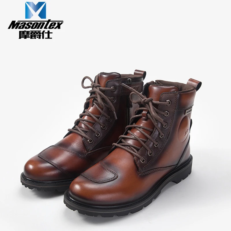 Masontex Motorcycle Boots Rubber Cowhide Mesh Material Wear-resistant Anti-fall Waterproof Ventilate Retro Style Moto Shoes