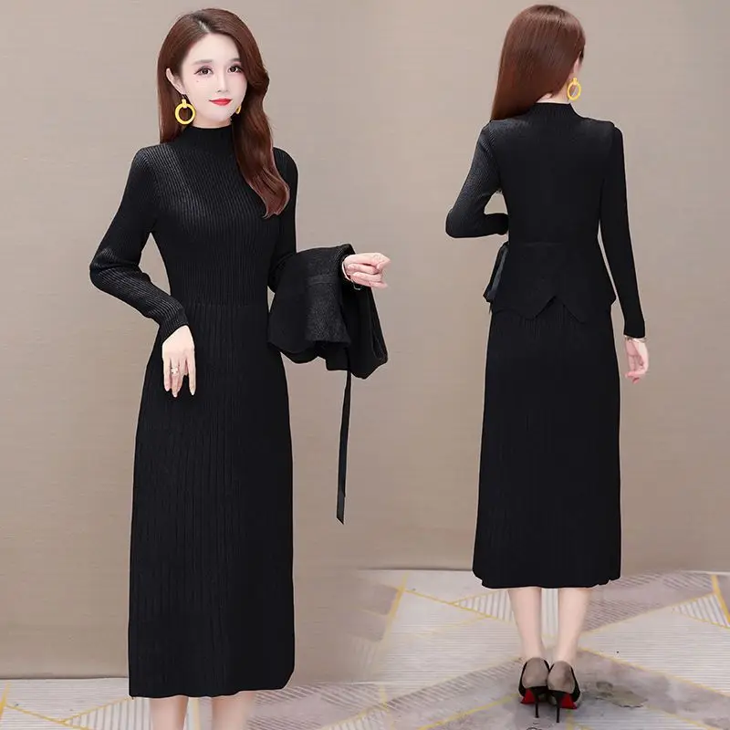 

Ladies Elegant Knitted Two Piece Dress Set Female Fall Fashion Turtleneck Sweater and V Neck Knit Vest Woman Suit G420