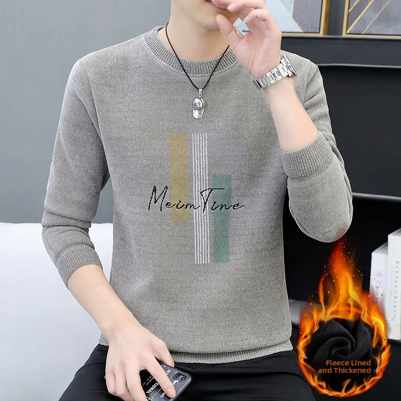 

Мужской вязаный свитер с флисовой подкладкой, круглым вырезом, утепленный, зимний, теплый, с геометрическим узором, повседневный, приталенный, с длинными рукавами