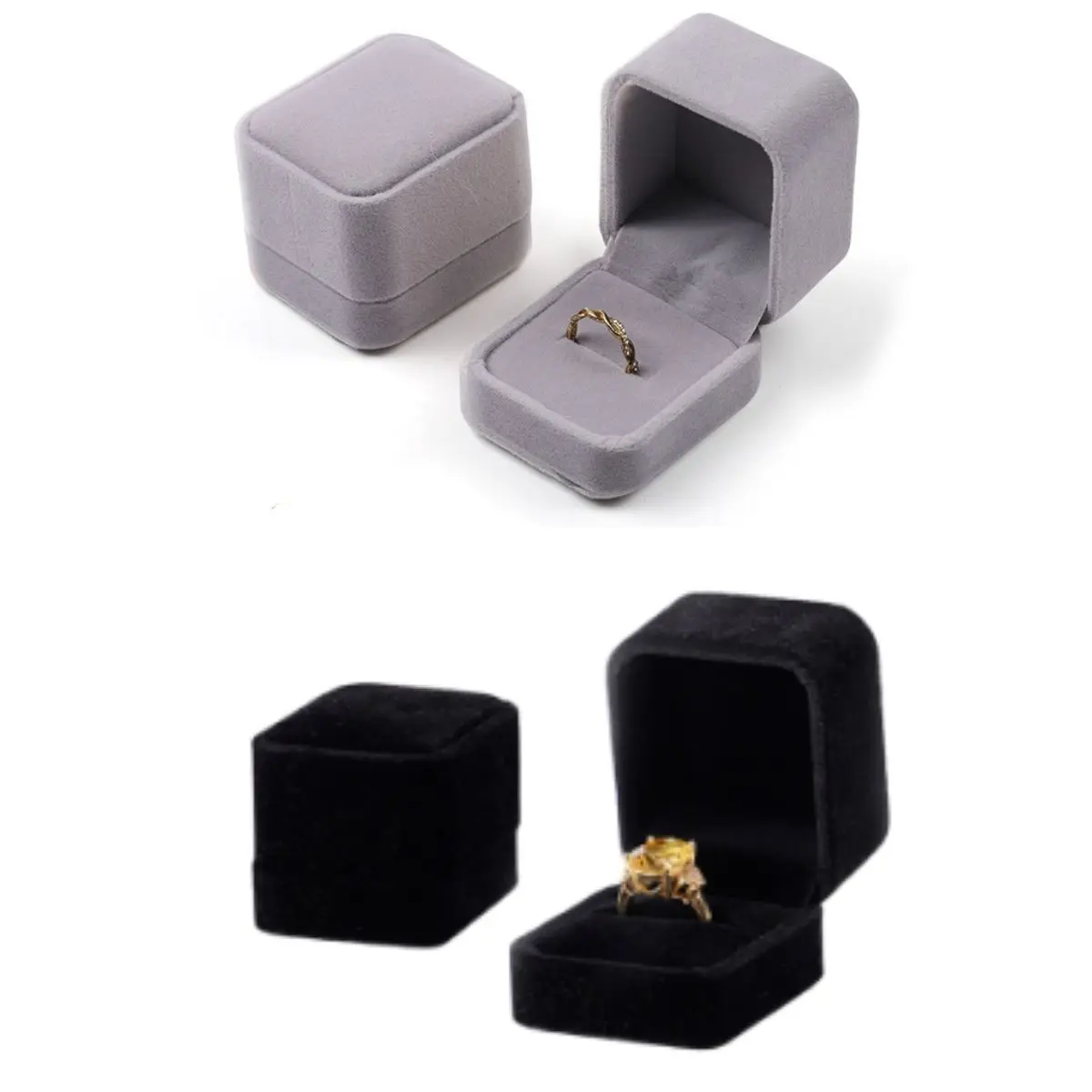 Caja de anillo/collar de terciopelo negro/gris, caja de regalo de joyería de terciopelo suave de lujo para compromiso, propuesta de boda y almacenamiento