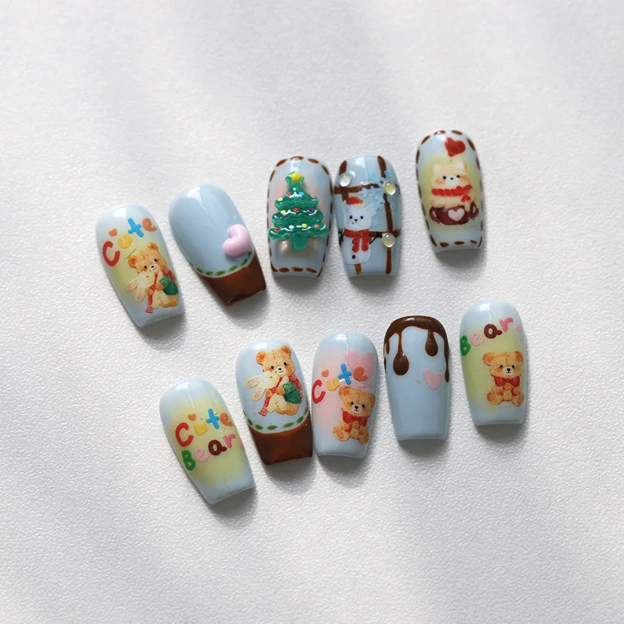 Lovely Cartoon Bear Christmas Tree Apple Strawberry Cake 3D Self Adhesive Nail Art Stickers Snowflake Xmas Cute Manicure Decals