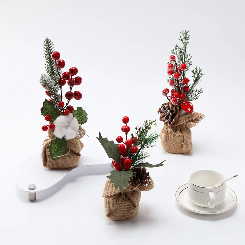 1pc Mini Christmas Tree, Desktop Ornament for Christmas, Pine‑Needle & Red Berry Christmas Decoration