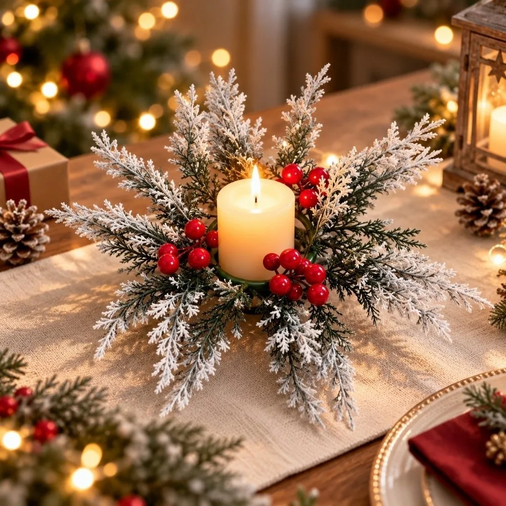 Red Berry Christmas Wreath Candlestick DIY Pine Needle Artificial Wreath Candle Rings Table Decoration Home Ornaments
