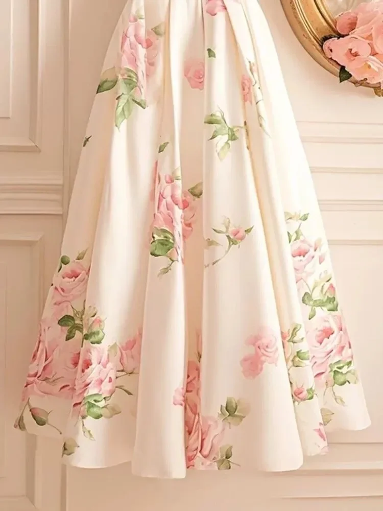 2025 Fashion New Flower Print White Skirts Vintage High Waist A-line Skirt For Women Mid-length Loose Faldas Mujer
