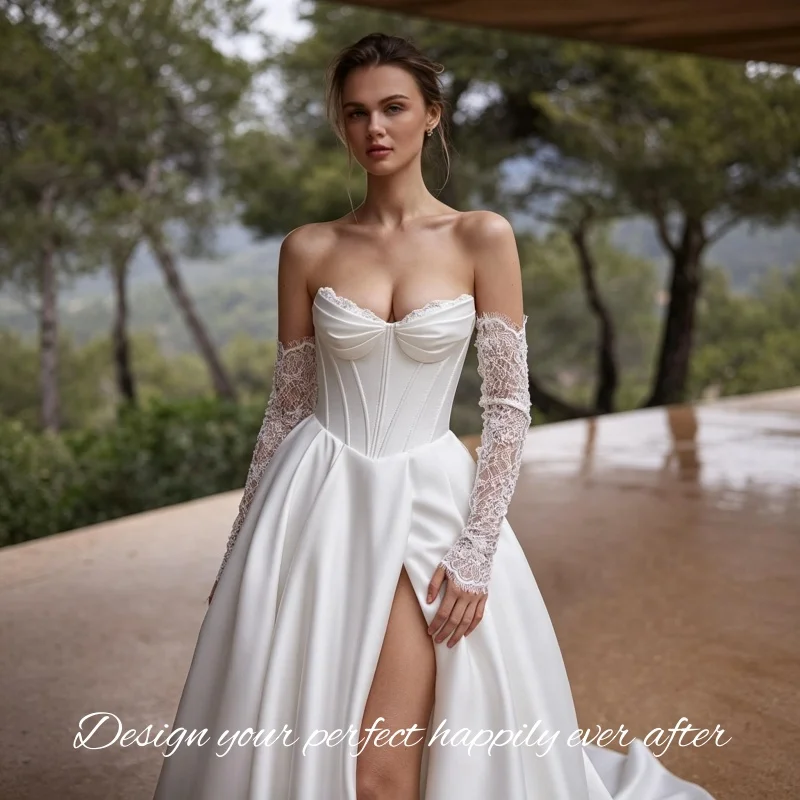 2026 Boho Satin Wedding Dress Sweetheart Neck Detachable Lace Sleeves Side Slit Lace‑up Closure Vestidos De Novia Customized