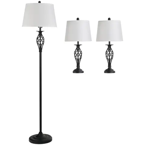 HOMCOM 3 Piece Table Floor Lamp Set with Metal Pole Round Base Black/White