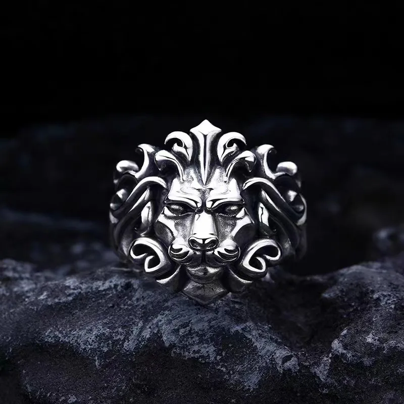 Men Vintage Lion Head Ring Antique Silver Tone 3D Sculpted Lion Face Wide Band Punk Gothic Biker Style Statement Finger Jewelry