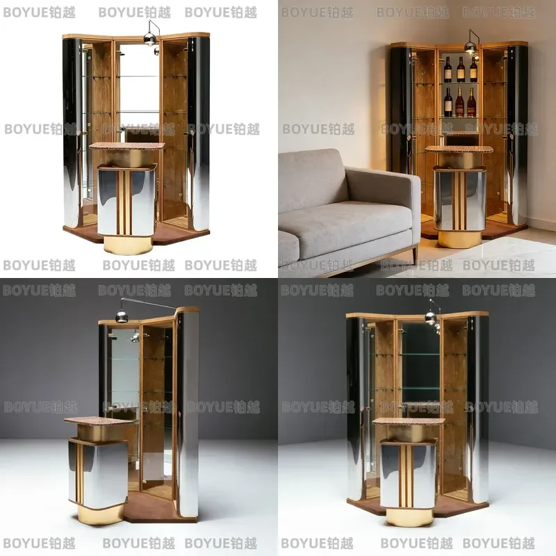 Italian Style Luxury Corner Bar Cabinet Stainless Steel Wine Storage Unit High End Modern Home Furniture for Large Living