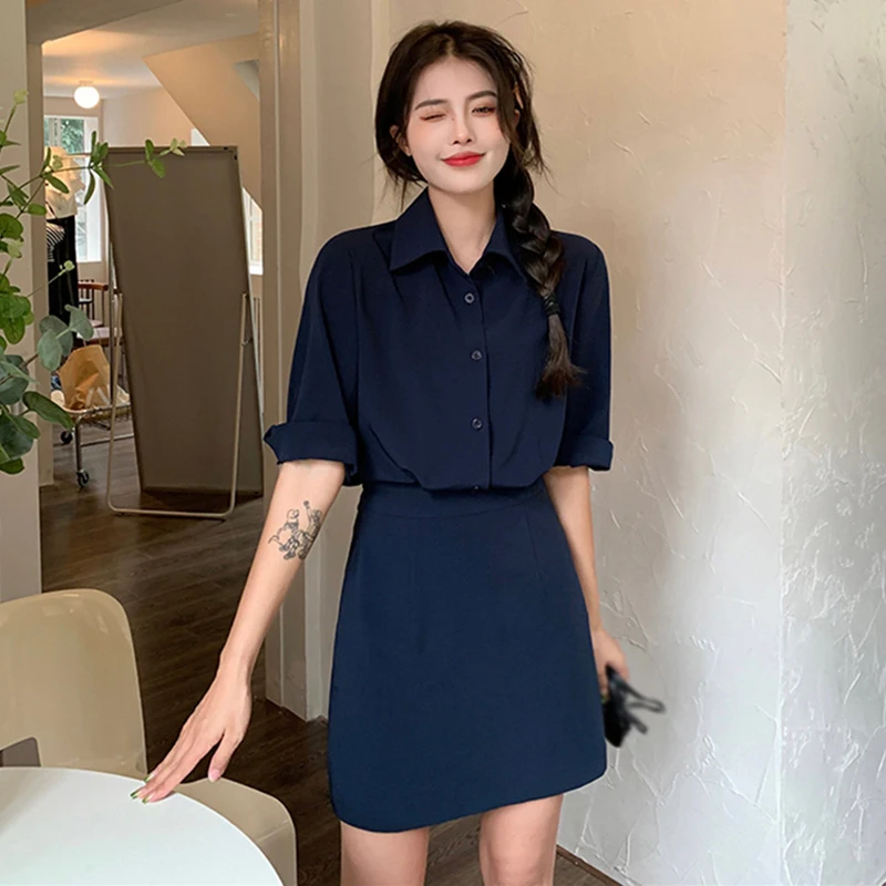 Fake Two-Piece Lapel Short-Sleeved Dress For Women Retro Short Style Solid Color Sweet And Spicy Versatile Spring Summer