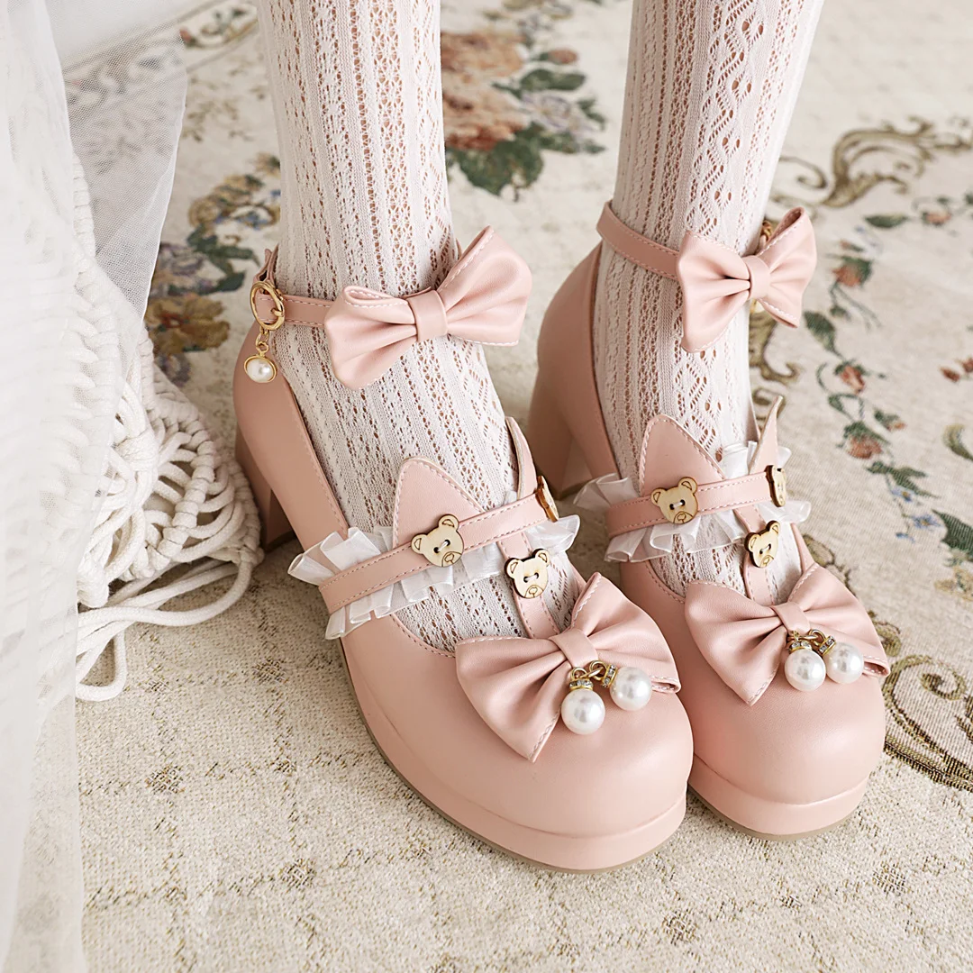 2022 new women shoes plus size 22-28cm feet length Lace Bow Buckle cute lolita girls shoes cartoon bear pearl mary jane shoes