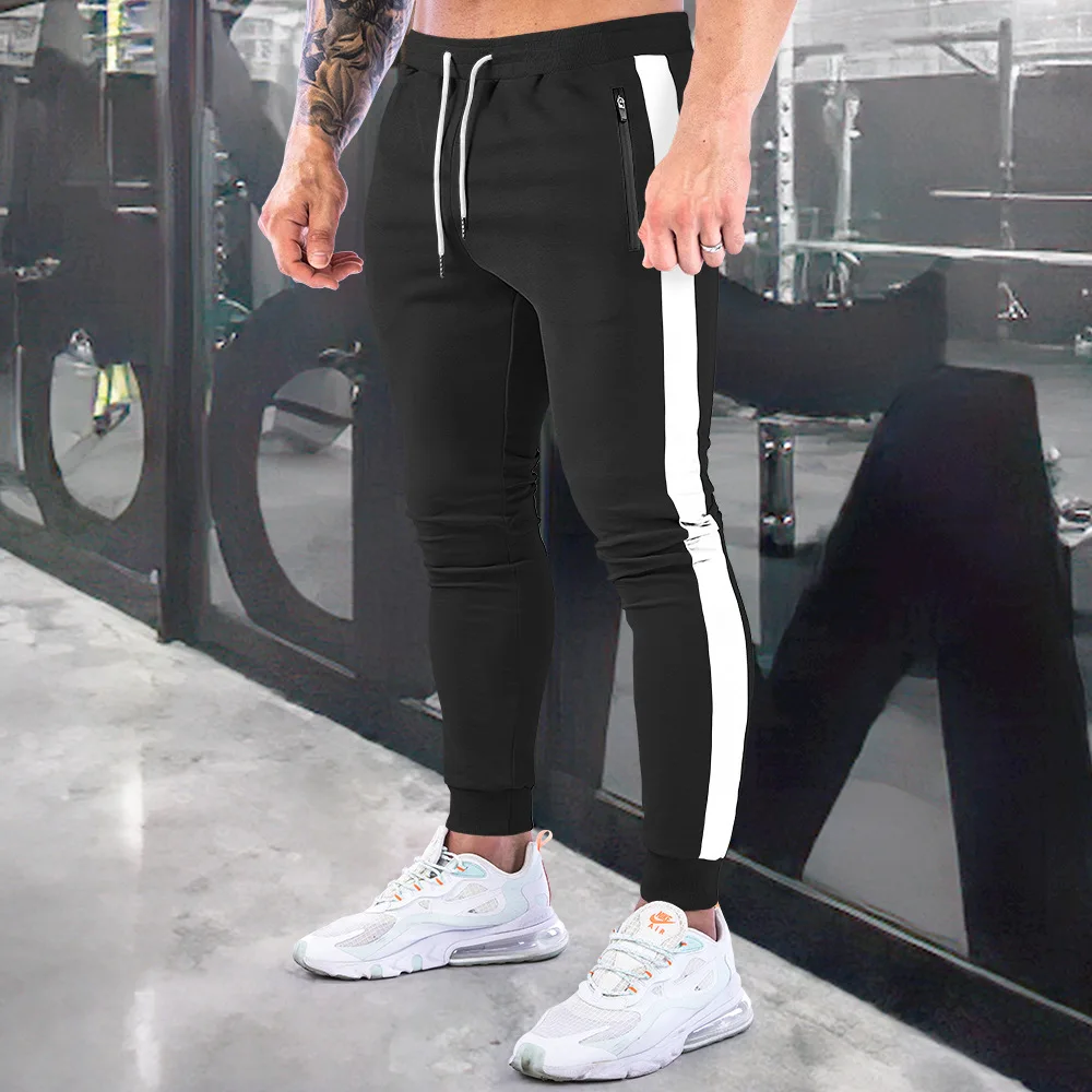 Heren Katoenen Sportbroek Gym Joggingbroek Streep Joggingbroek Casual Training Workout Zak Met Rits Fitness Heren Hardloopbroek