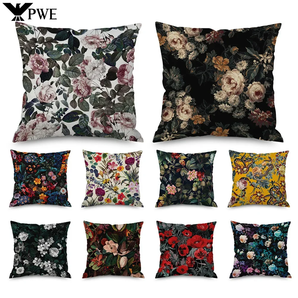 Vintage Floral Linen ปลอกหมอน Black Night Rose หมอนตกแต่งภายในสําหรับตกแต่งบ้านหมอนสําหรับห้องนอน 45x45
