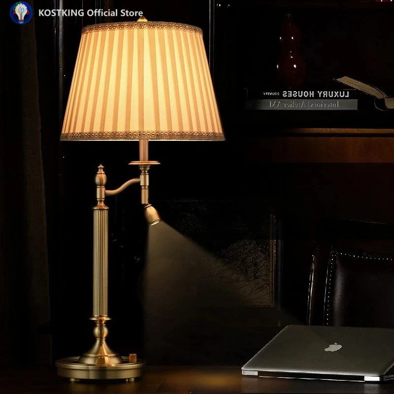 

European Luxury All Copper LED Table Lamp White Fabric Lampshade Living Room Bedroom Study Office Atmosphere Desk Light