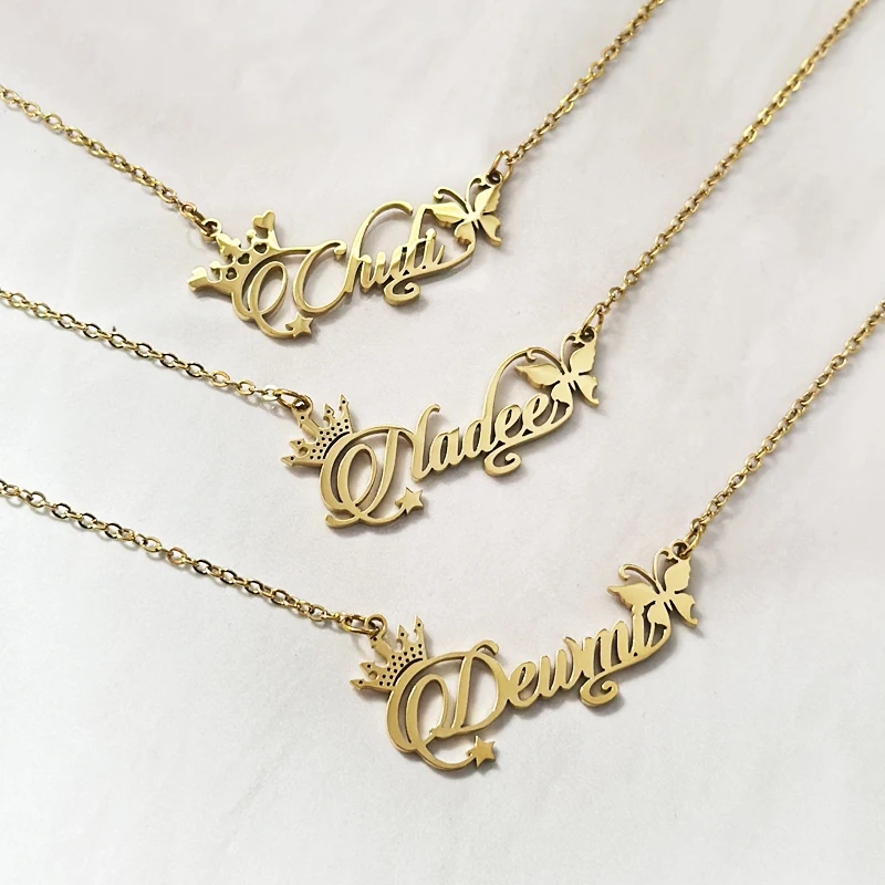 Custom Name Pendant Necklace Personalized Butterfly Crown Heart Stainless Steel 18k Plated Pendant Necklaces Christmas Gift