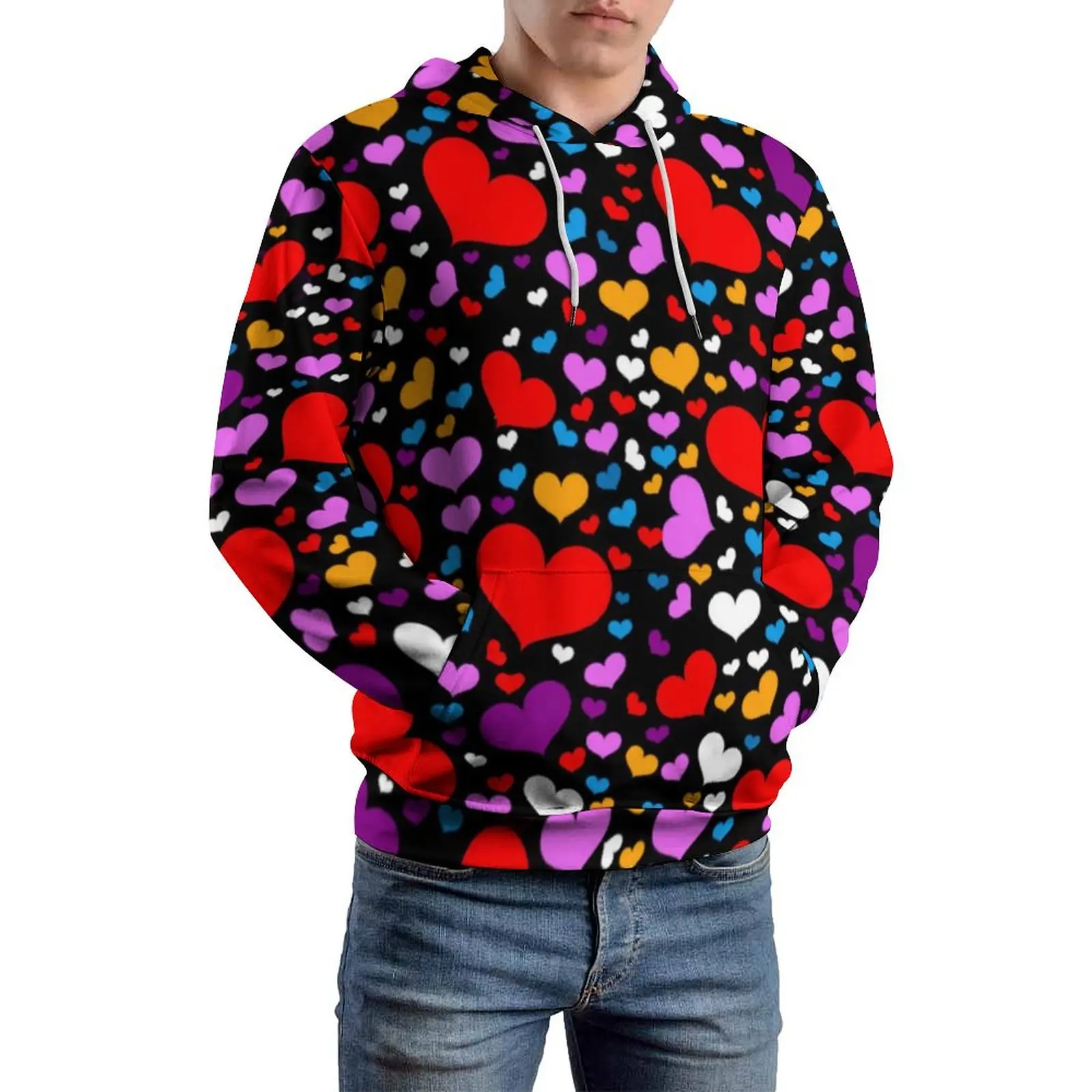 Colorful Heart Prints Loose Hoodies Valentines Day Street Wear Hoodie Couple Long Sleeve Pretty Graphic Sweatshirts Large Size