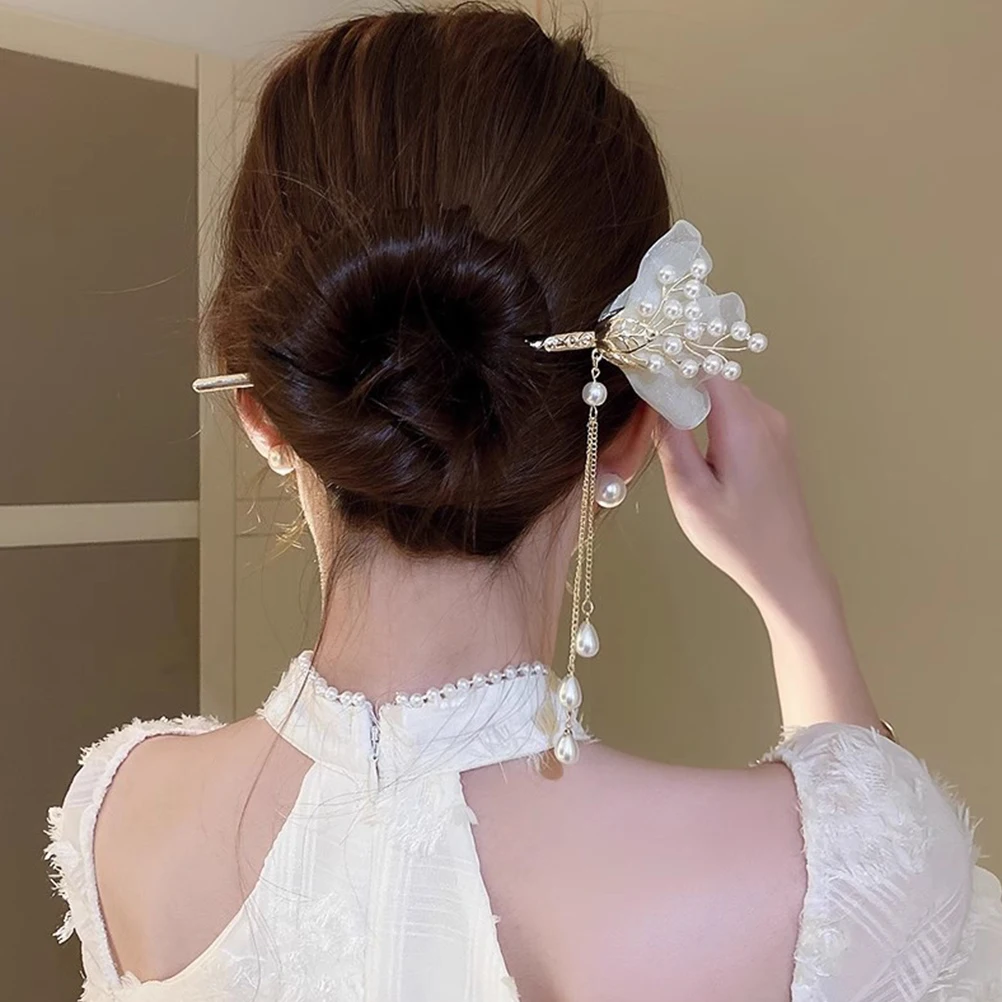 

Fabric Flower Pearl Tassel Hairpin Sticks Chopsticks for Women Vintage Hair Accessories Bridal Hairstyling Tools