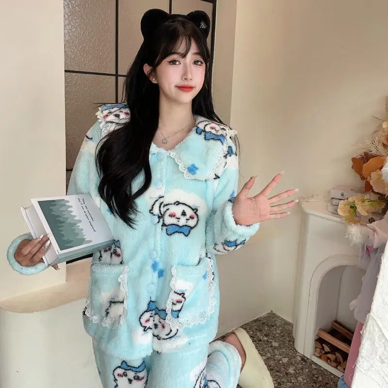 Miniso Kawaii Chiikawa Cartoon Coral Fleece Pajamas Women Warm Thickened Facecloth Doll Collar Homewear Suit Girl Birthday Gift