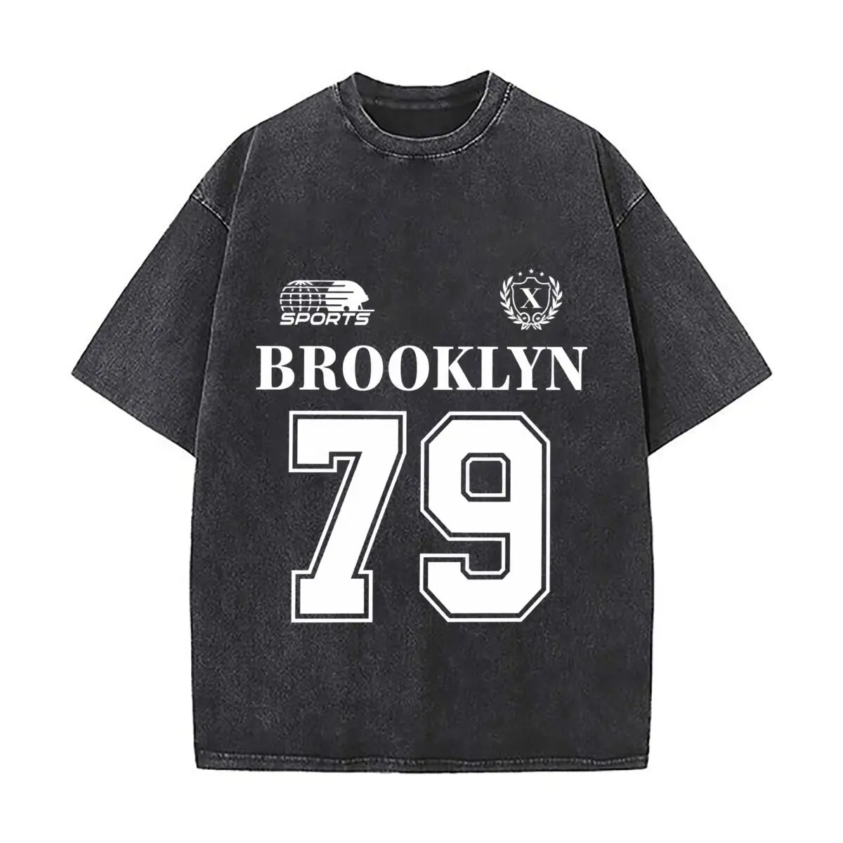 Brooklyn Sports 79 Varsity Number Crest Graphic Distressed Faded Baggy Streetwear Tops for Park Hangouts