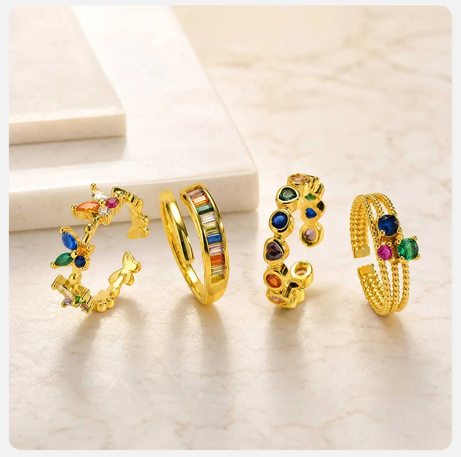 Vnox Elegante Bunte Zirkonia-Schmetterlings-Herz-Öffnungsringe für Frauen, Vergoldet, Stapelbare Glänzende Kristallringe, Partyschmuck – Detail 6