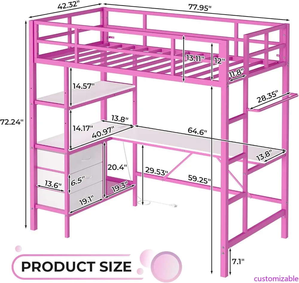 Pink Twin Loft Bed with L-Shaped Desk, LED Lights, Charging Station & Storage Shelves