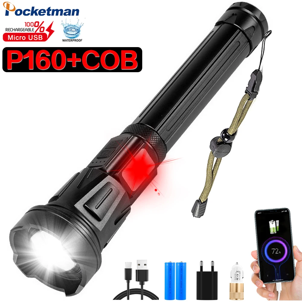 Powerful XHP160+COB LED Flashlight USB Rechargeable Flashlights Power Bank Zoomable Torch Waterproof Flashlight Hot Sale