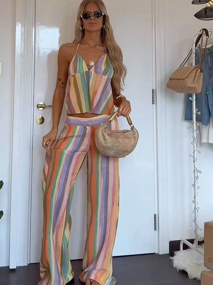 TFMLN Women Chic Colorful Striped Pants Suit Lace-up Halter Holiday Tops Casual Straight Trousers 2026 Summer Trendy Set image 4