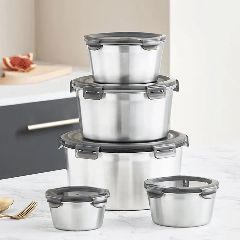 304 Stainless Steel Round Lunch Box Refrigerator Crisper Airtight Food Box Microwave Heating Cooking Lunch Fresh-keeping Box
