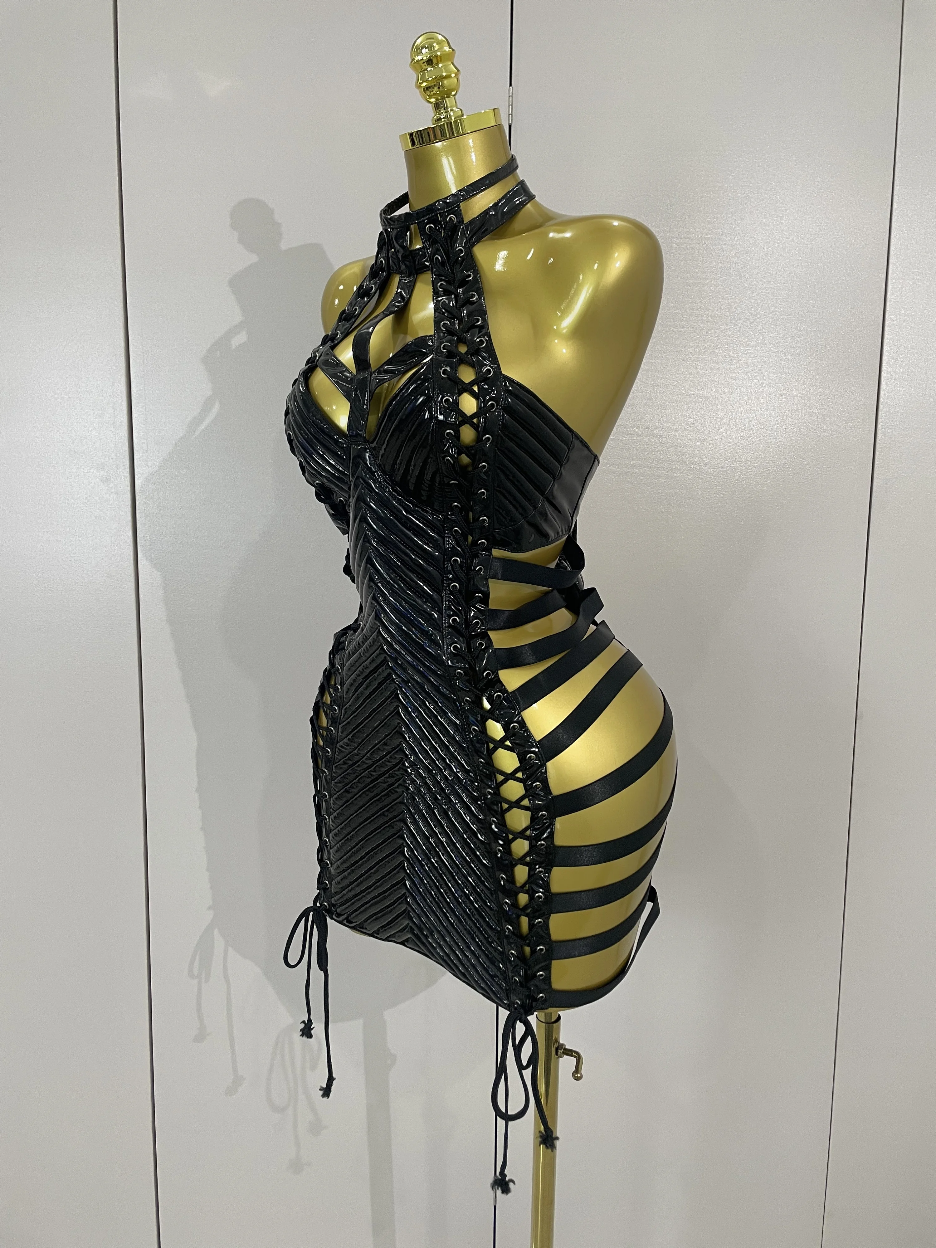 مثير جلد أسود الجوف خارج القوطية ضمادة الرسن فستان قصير المرأة جوجو الرقص المغني ملهى ليلي بار أداء المرحلة ارتداء #2