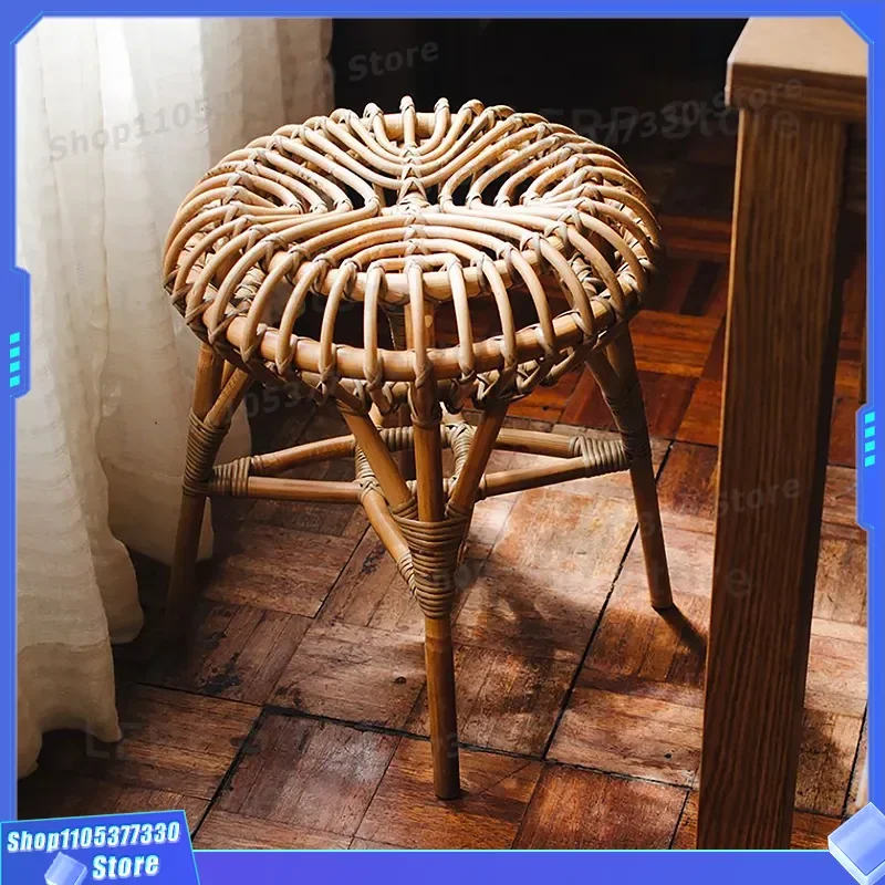 Vintage Small Rattan Round Stool Woven Jellyfish Design Simple Home Furniture for Bedroom Dressing Table or Cafe Dining Area
