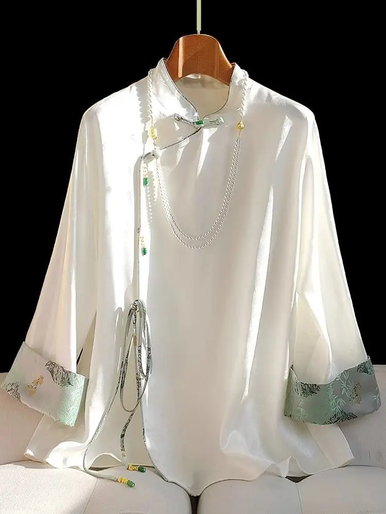 

Атласные шелковые жаккардовые блузки, женские топы в стиле ретро с длинными рукавами, винтажный топ Cheongsam в китайском стиле, большой размер