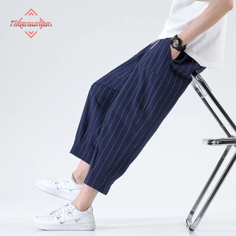 

Chinese Style Men's Summer Pants Cotton Linen Stripe Pants for Men Comfortable and Breathable Ankle-Length Pants