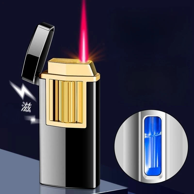 

Новинка, металлическая газовая электрическая интегрированная Электронная зажигалка с роликом, турбо-лампа с красным пламенем, Бутановая газовая зажигалка для сигар, подарок для мужчин
