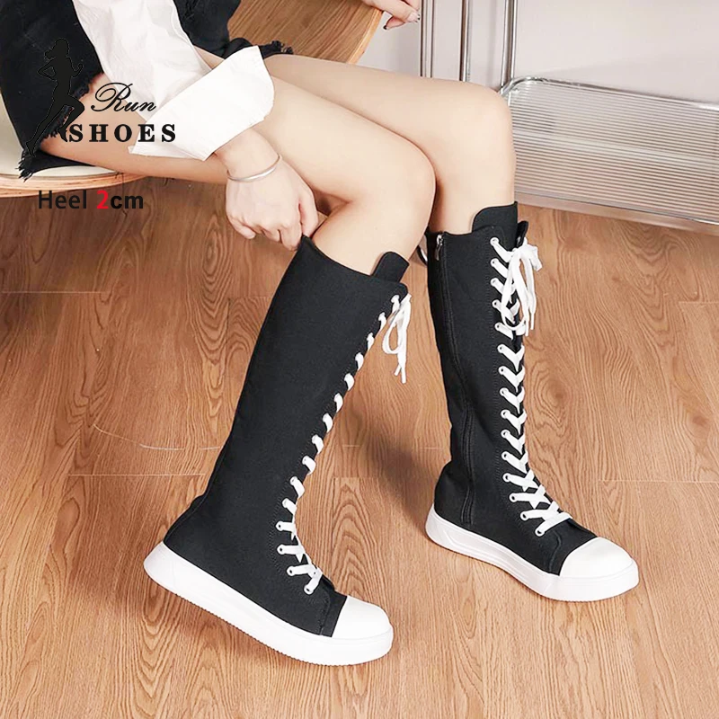 Women High Top Casual Canvas Shoes Spring Autumn Knee-High Boots Lace-up Zipper Ladies Comfort Flats Vulcanize Sneakers 36-43