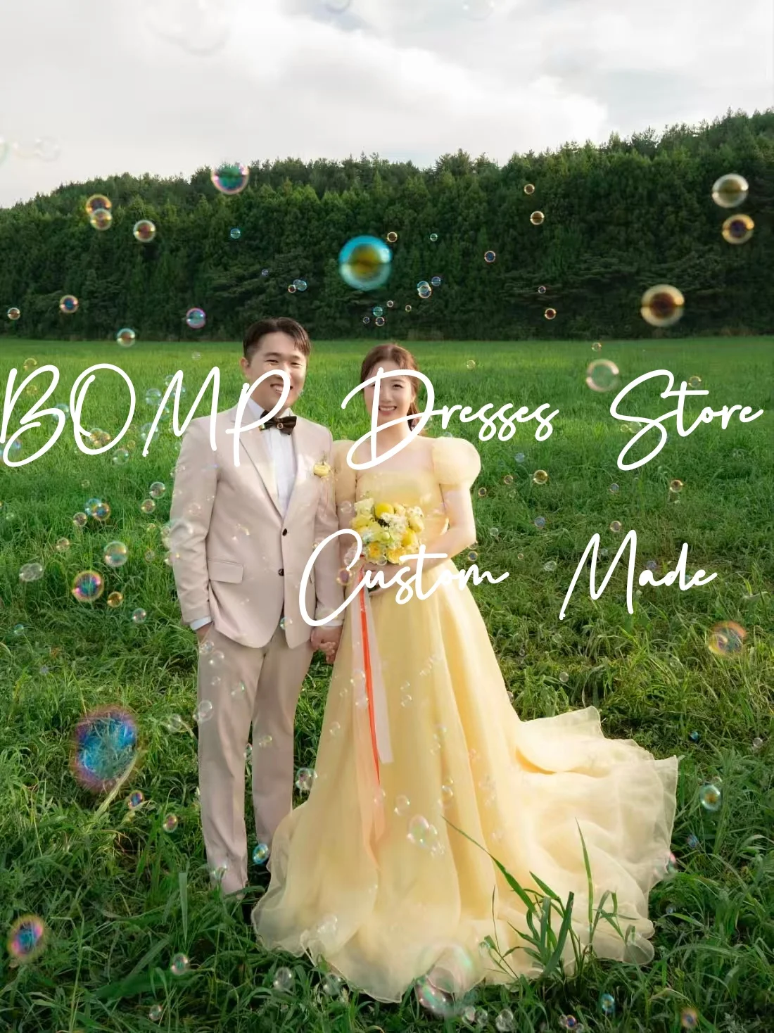 BOMP – robe de soirée de mariage jaune élégante, manches bouffantes, traîne de balayage, Organza coréen, séance Photo, robe de mariée personnalisée