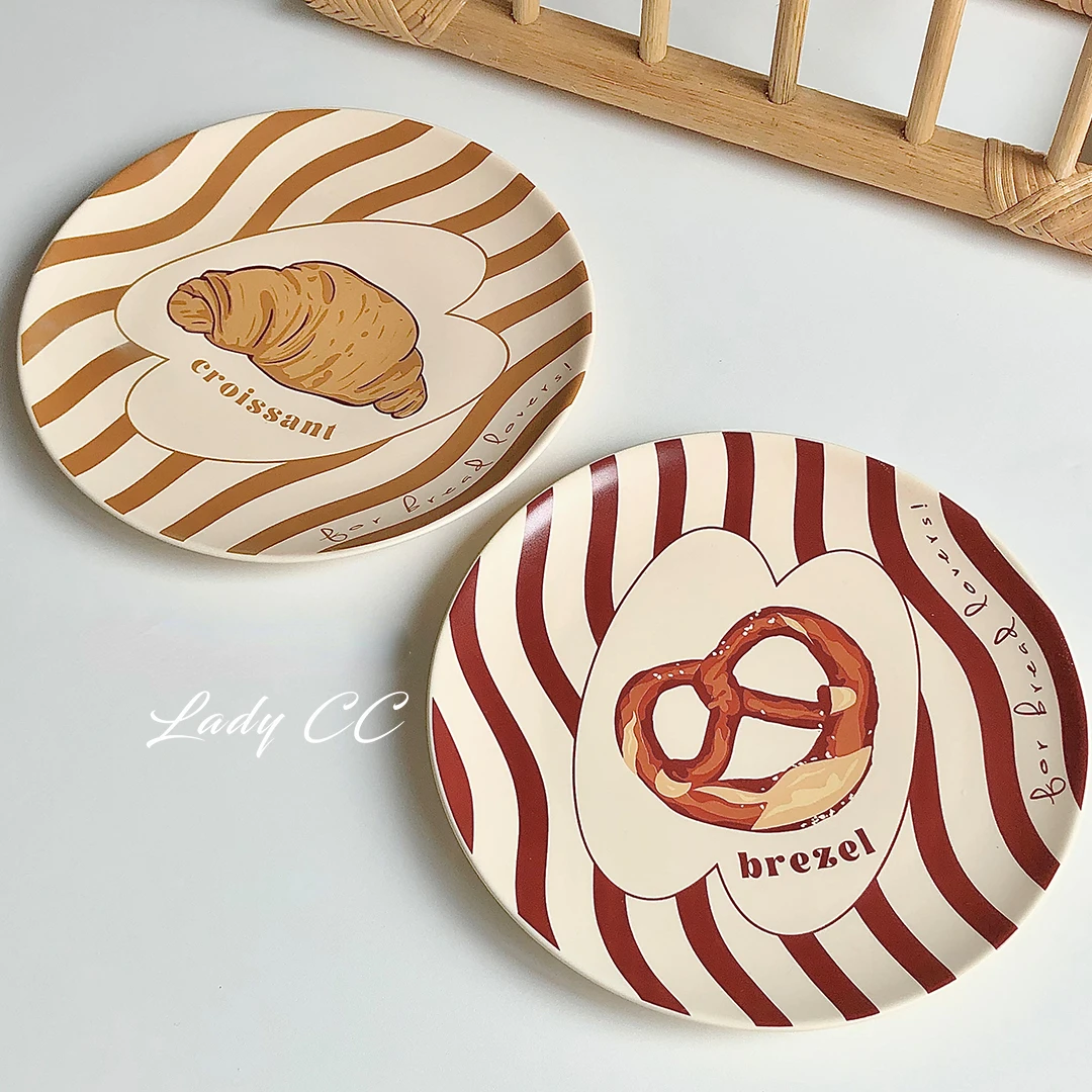 

LadyCC Lovely Bread Illustration Flat Plate Ceramic Plates for Dinner Matte Ceramic Irregular Stripe Breakfast Plate