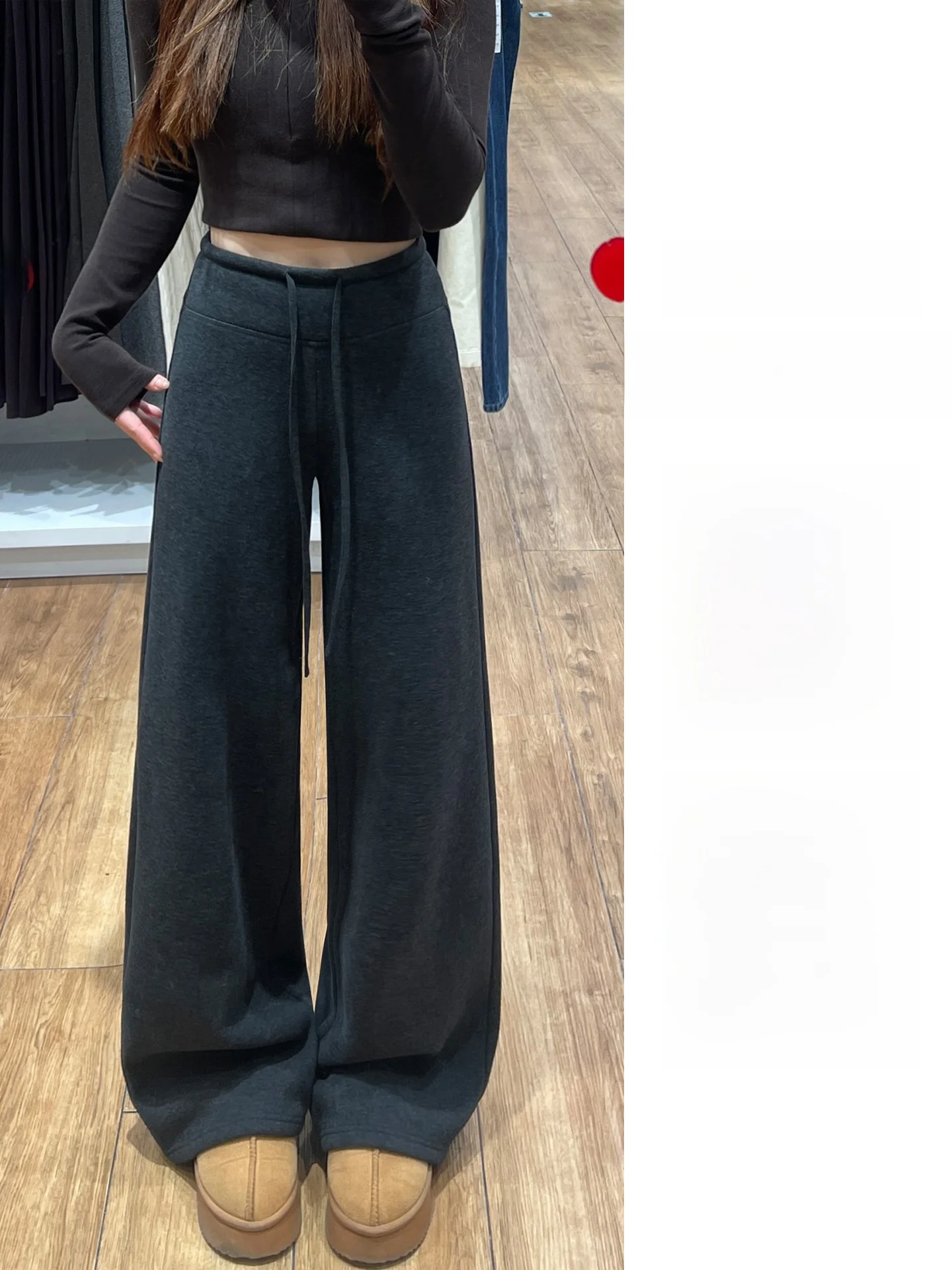 Pantaloni Larghi Bianchi Foderati in Pile per Donna, Vita Bassa, per Yoga e Sport, Pantaloni Casual a Gamba Dritta con Vita Alta e Cordoncino