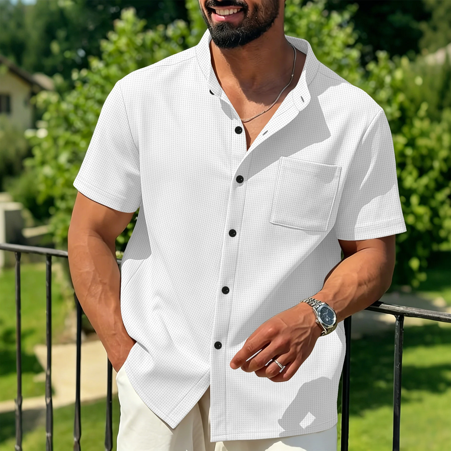 

Men's Breathable Burgundy Waffle Knit Shirt Mandarin Collar Short Sleeve Button-Down with Pocket