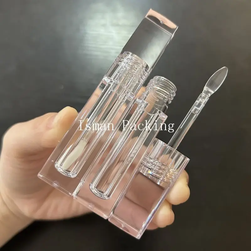 50Pcs Square Full Transparent Lipgloss Tubes Refillable Crystal Lip Gloss Empty Tubes Concealer Bottle With Clear Soft Brush 3ml